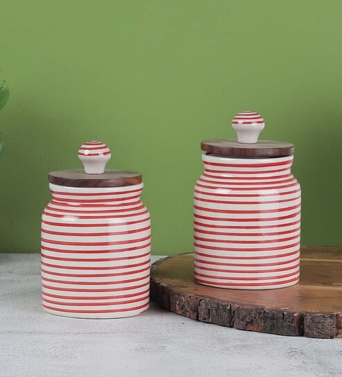 (Set of 2) 300ml Ceramic Parikrama Red Spiral Storage Jar