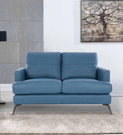 Paris Half Leather 2 Seater Sofa In Delph Blue Colour