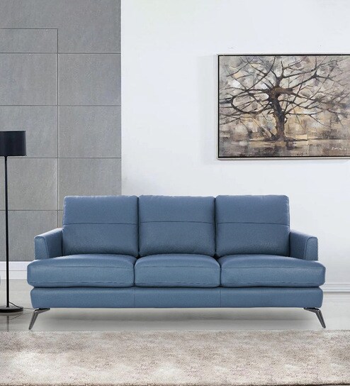 Paris Half Leather 3 Seater Sofa In Delph Blue Colour
