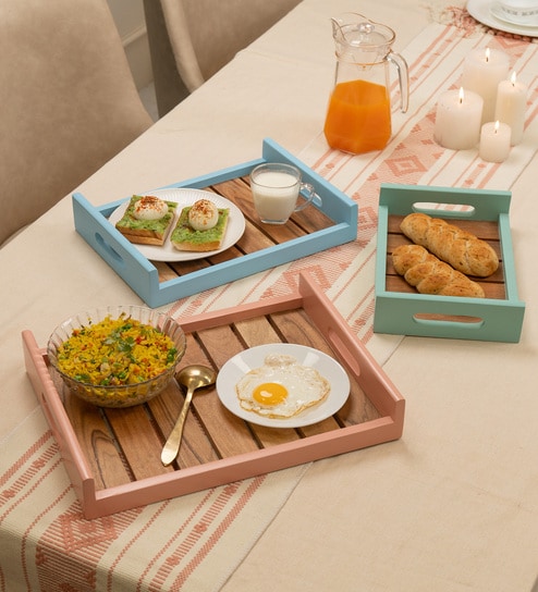 Set of 3 Parosa Serving Tray Set Acacia Wood Trays with Handles