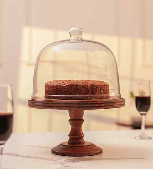 Party Bell Acacia Wood Cake Stand with Glass Dome