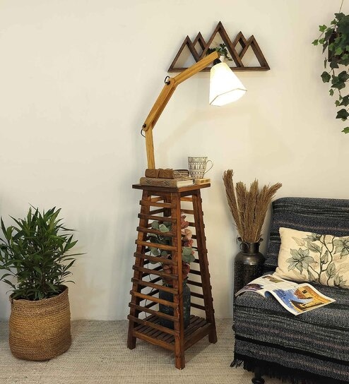 Pascal Wooden Shelf Floor Lamp with Wooden Shade & Brown Base