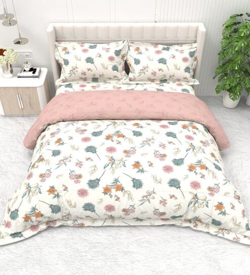 Pastel Blooms 4-Piece Combo Of Double Bed AC Comforter & Bedsheet Set
