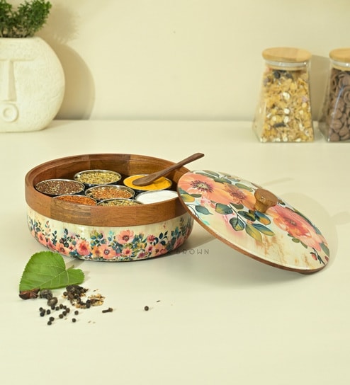 Pastel Flora Wooden Masala Box