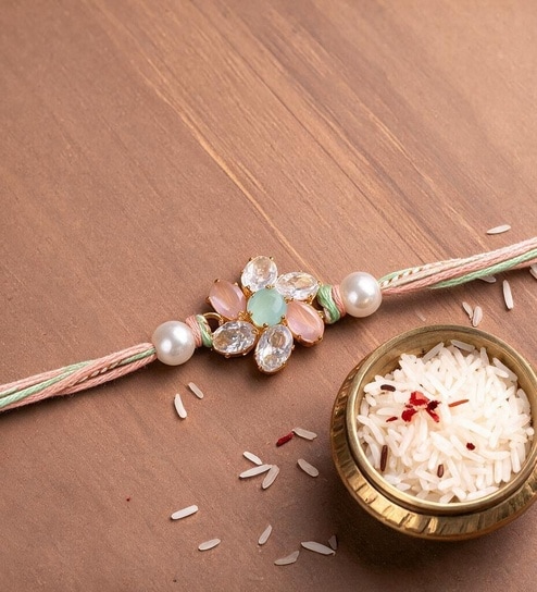Pastel Pink Premium Handmade Designer Rakhi With Crystal Charm & Anchor Non-Bleeding Cotton Thread