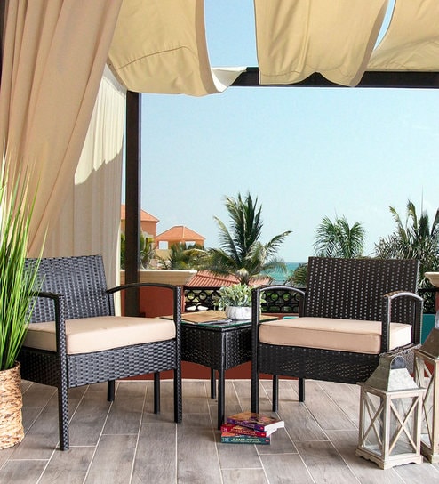 Patio Wicker Table and Chair Set in Black & Beige Colour