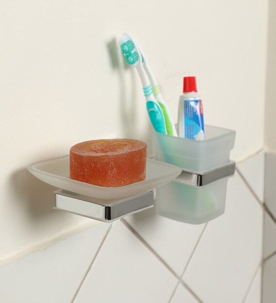 Buy Glass Transparent Wall Mounted Dual Soap & Toothbrush Holder by
