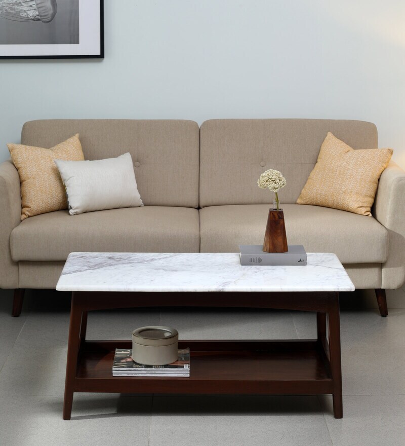 Buy Parker Marble Top Coffee Table in Natural Teak Wood Finish By