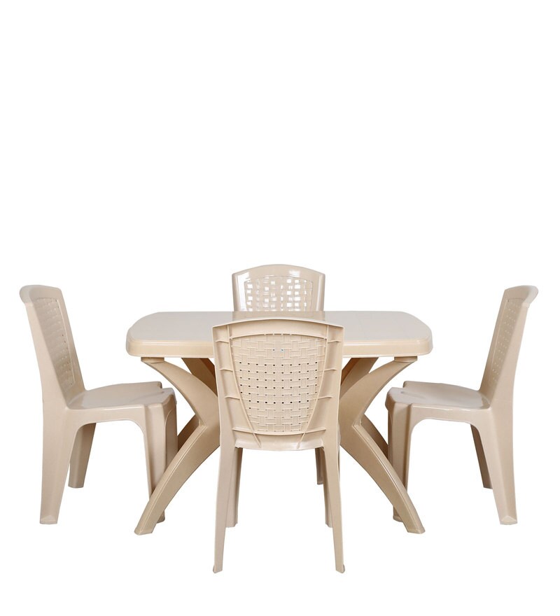 Buy Outdoor Plastic Table and Chair Set in Beige with 4 Chairs by Prima