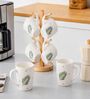Pack of 4 White Leaf Print Ceramic Coffee Mug 400ML