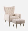Palatial Velvet Fabric Wing Chair With Ottoman Footrest In Beige Colour