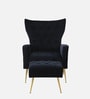 Palatial Velvet Fabric Wing Chair With Ottoman Footrest In Black Colour
