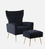 Palatial Velvet Fabric Wing Chair With Ottoman Footrest In Black Colour