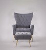 Palatial Velvet Fabric Wing Chair With Ottoman Footrest In Grey Colour