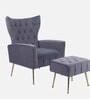 Palatial Velvet Fabric Wing Chair With Ottoman Footrest In Grey Colour