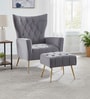 Palatial Velvet Fabric Wing Chair With Ottoman Footrest In Grey Colour