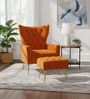 Palatial Velvet Fabric Wing Chair With Ottoman Footrest In Orange Colour