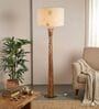 Pali Handcrafted Natural Wooden Floor Lamp for Living Room & Bedroom in Fabric Gold and White Color Shade