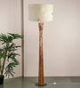 Pali Handcrafted Natural Wooden Floor Lamp for Living Room & Bedroom in Fabric Gold and White Color Shade