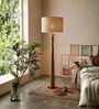 Pali Handcrafted Natural Wooden Floor Lamp for Living Room & Bedroom in Loose Weave Textured Off White Color Shade