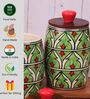 Parrot Green Jodhpuri Hand-made Ceramic Dholak Jar with Wooden Lid Set of 2