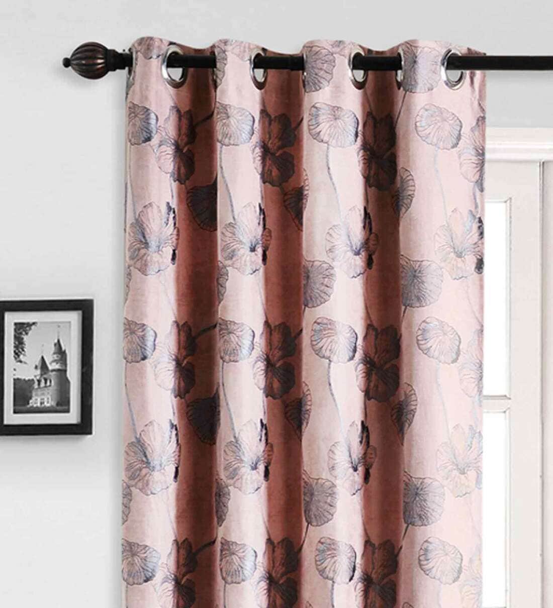 Buy Peach Polyester Floral 5 Ft Blackout Eyelet 2 Window Curtains By