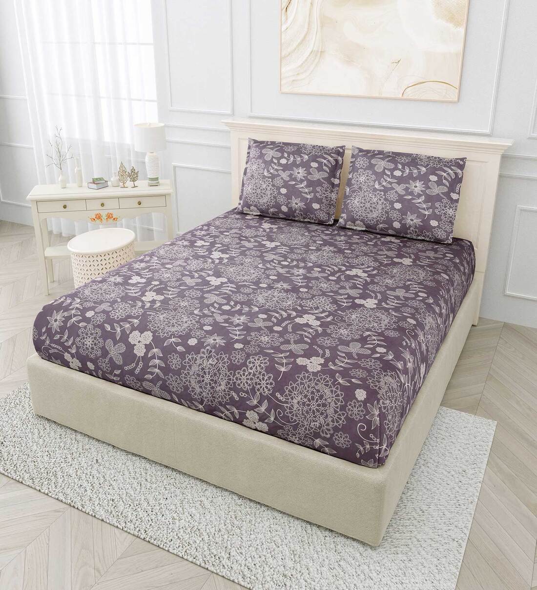 Buy Grey Floral 180 TC Cotton King Sized Bed Sheets with 2 Pillow