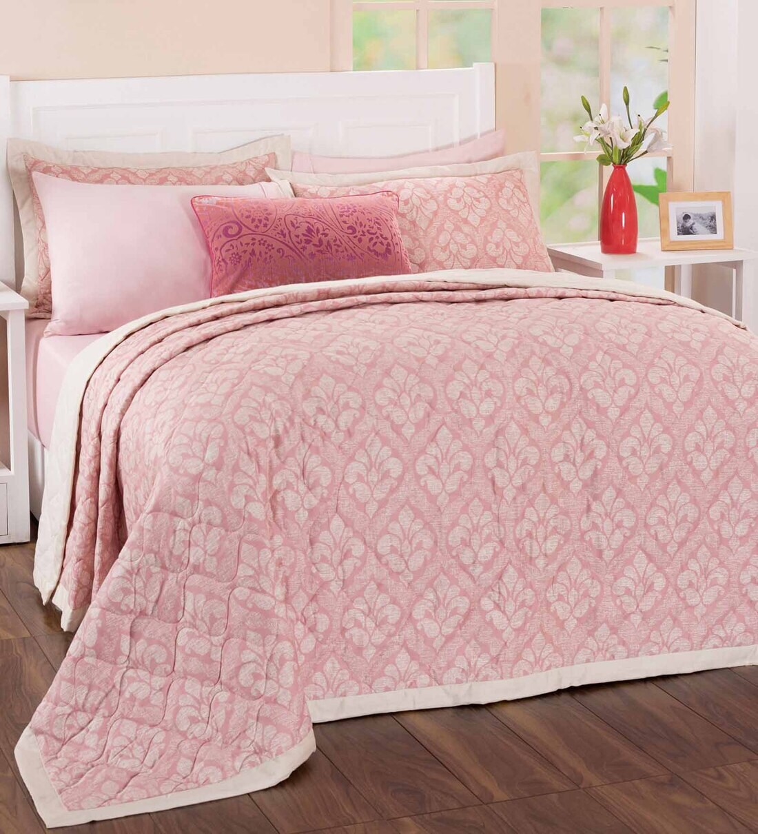 Buy Pink Traditional 210 TC 100 Cotton (Set of 8) Double Bed Bedding