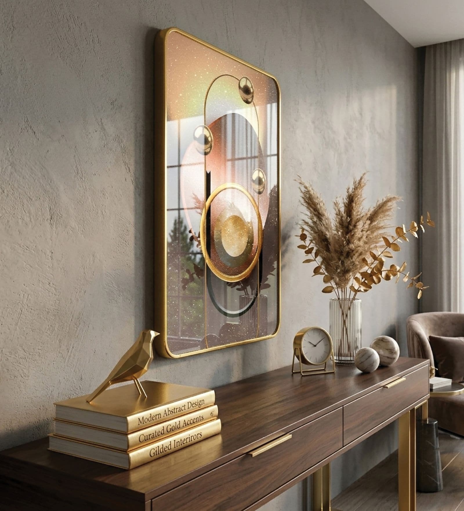 Peach & Gold Abstract Rectangular Wall Art 12 x 18 Inch