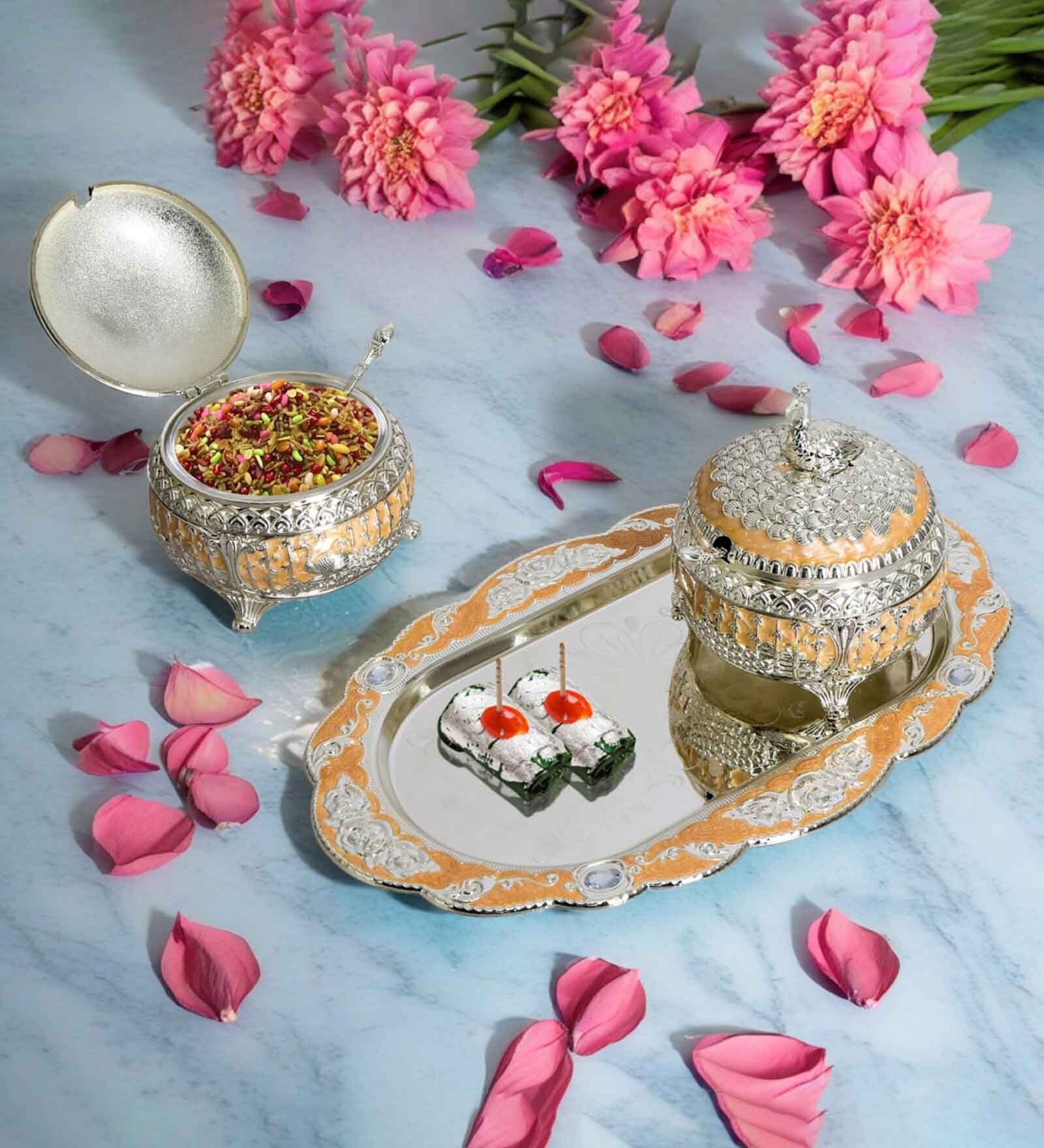 Orange & Gold White Metal (Set of 2) Condiment set with Tray