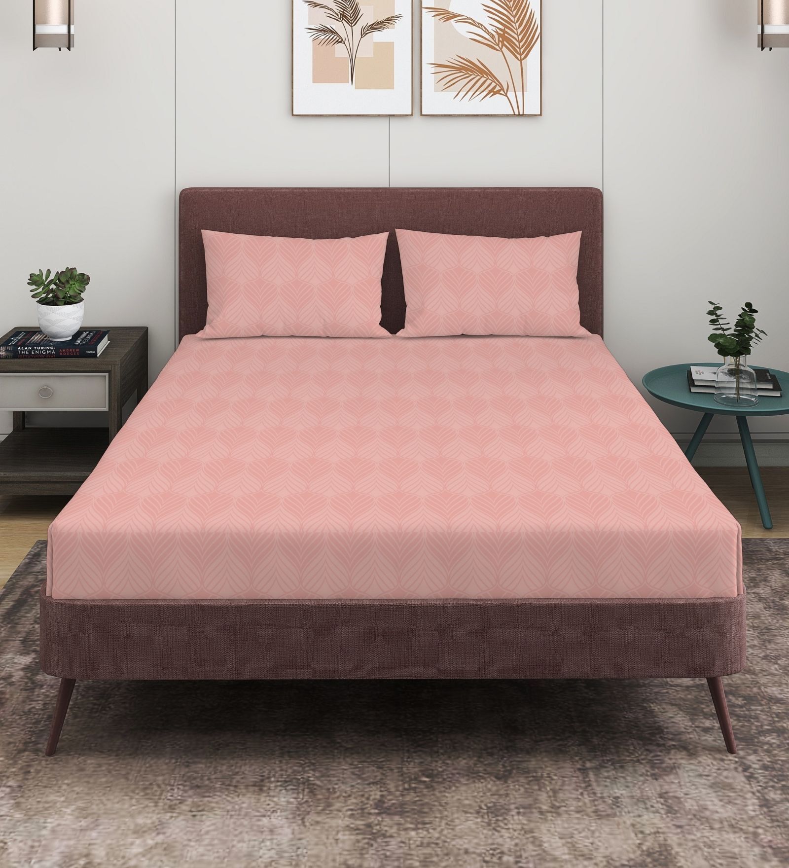 Peach 280 TC Glace Cotton Fitted Bedsheet With Embossed Leaf Pattern