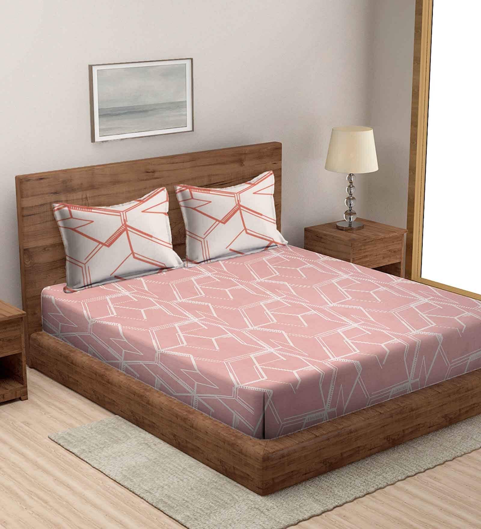 Peach Abstract 144 TC Cotton King Bed Sheet with 2 Pillow Cover