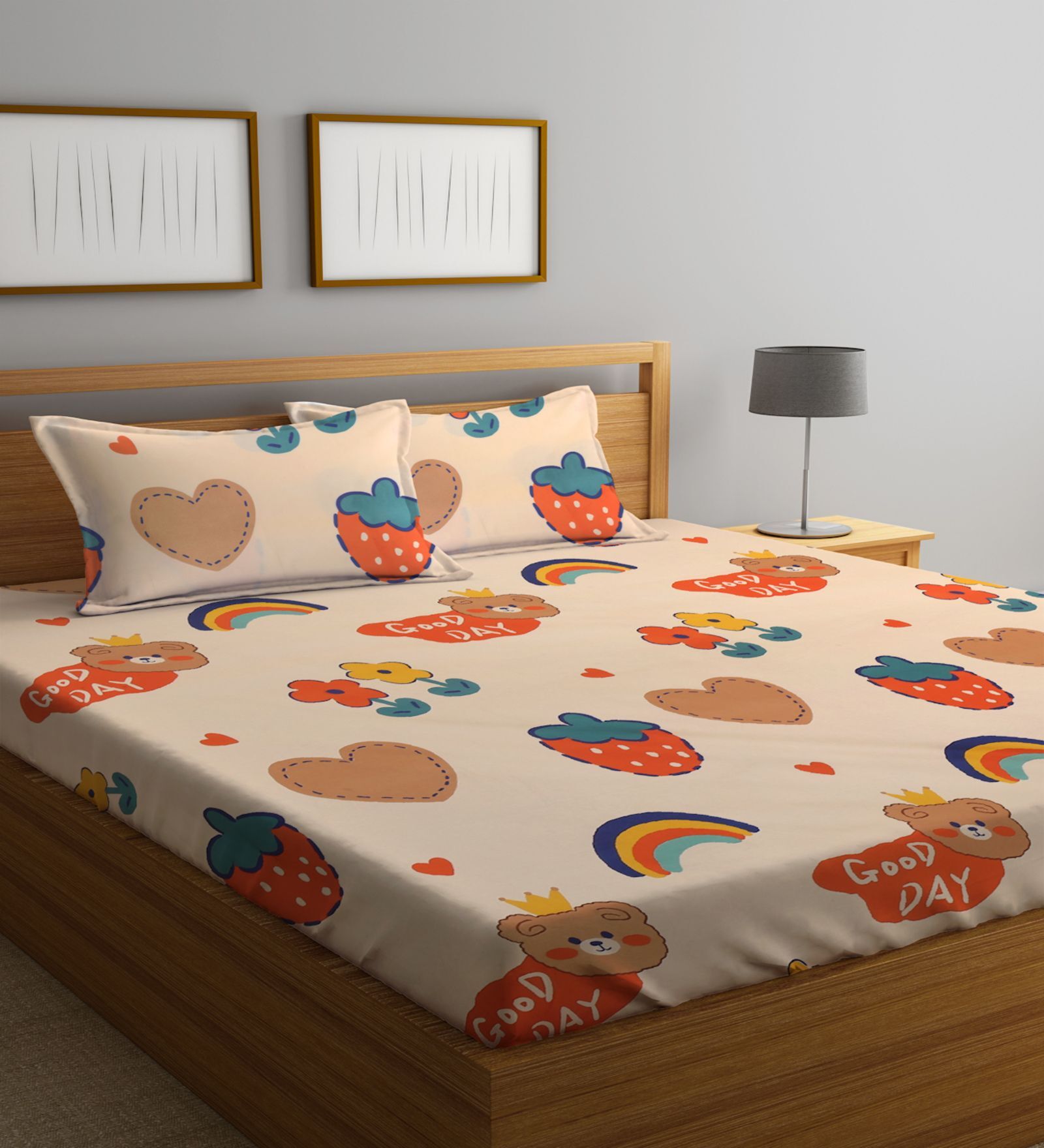 Peach Abstract 300 TC Cotton Blend Kids Double Bedsheet With 2 Pillow Covers