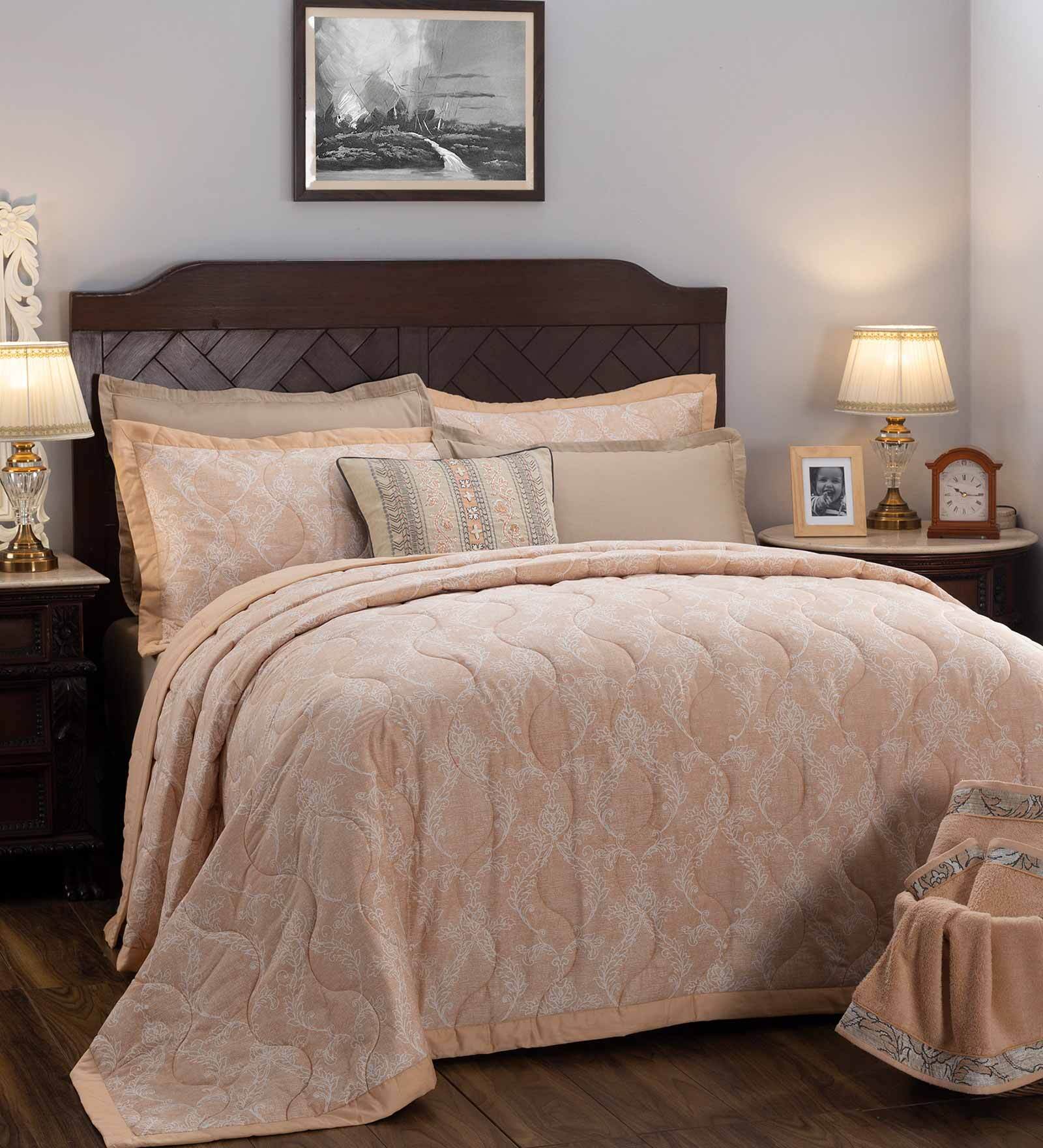 Buy Peach Abstract 400 TC Cotton (Set of 8) Double Bed Bedding Sets at