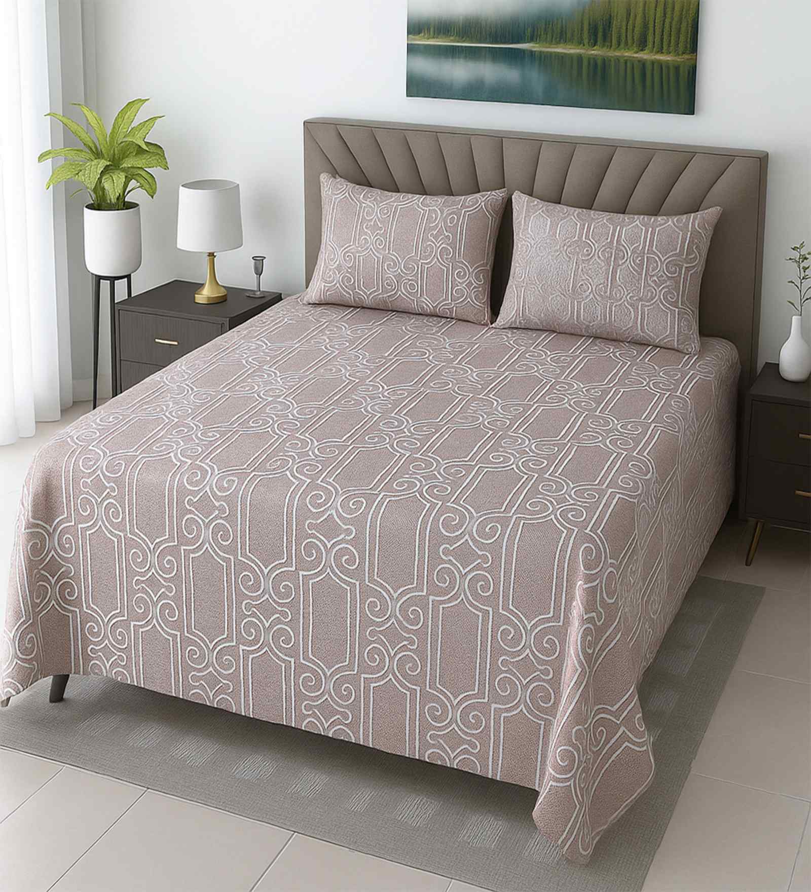 Peach Abstract 400 TC Cotton Queen Size Bedsheet with 2 Pillow covers Essential Series Collection