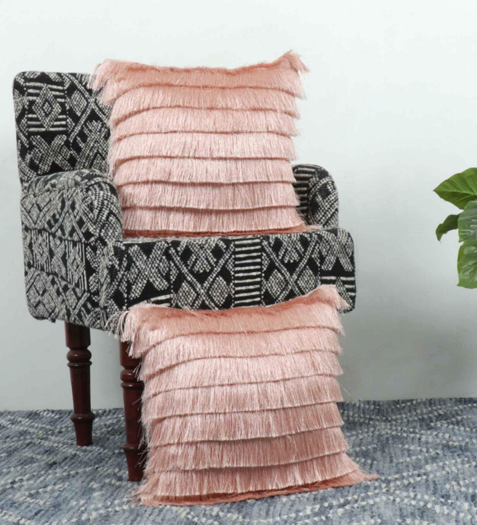 Peach Textured Cotton 16 x 16 Inches Cushion Covers (Set of 2)