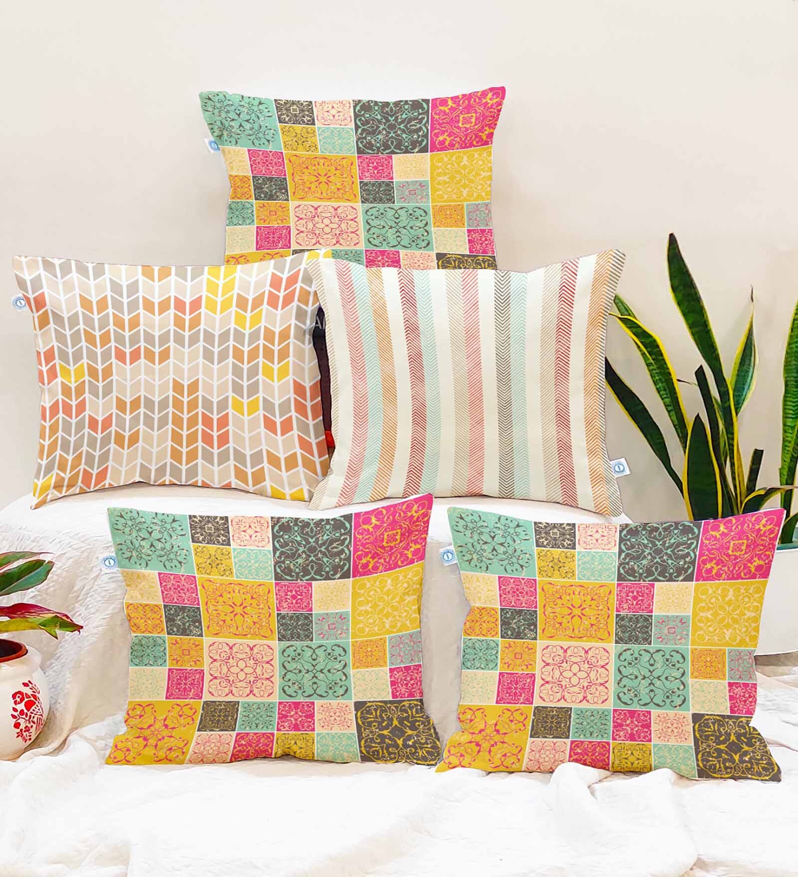 Peach Cotton Geometric 16x16 inches Cushion Covers (Pack of 5)