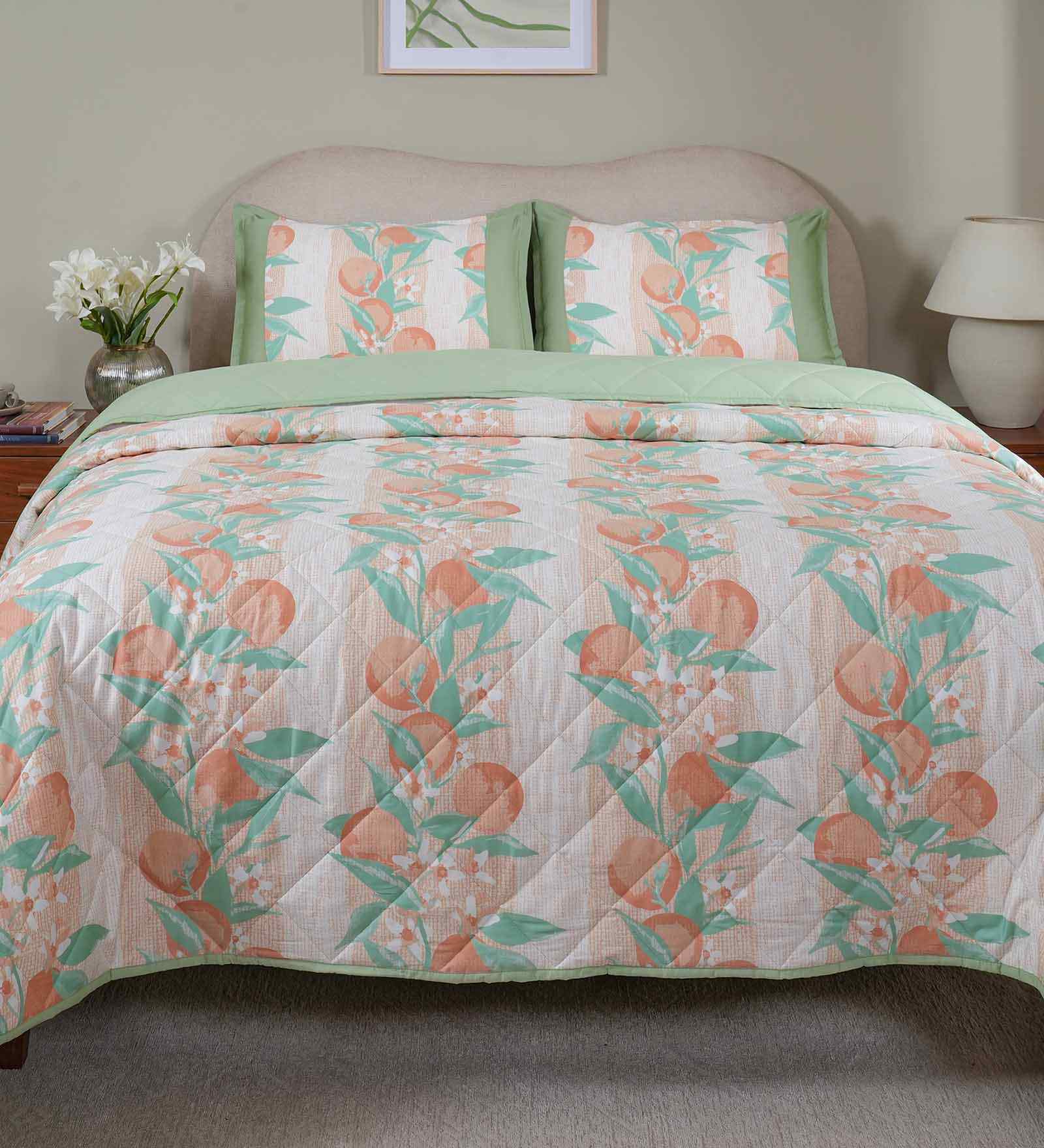 Peach Cotton Polyester Fruit Print 115 GSM Single Bed Quilt
