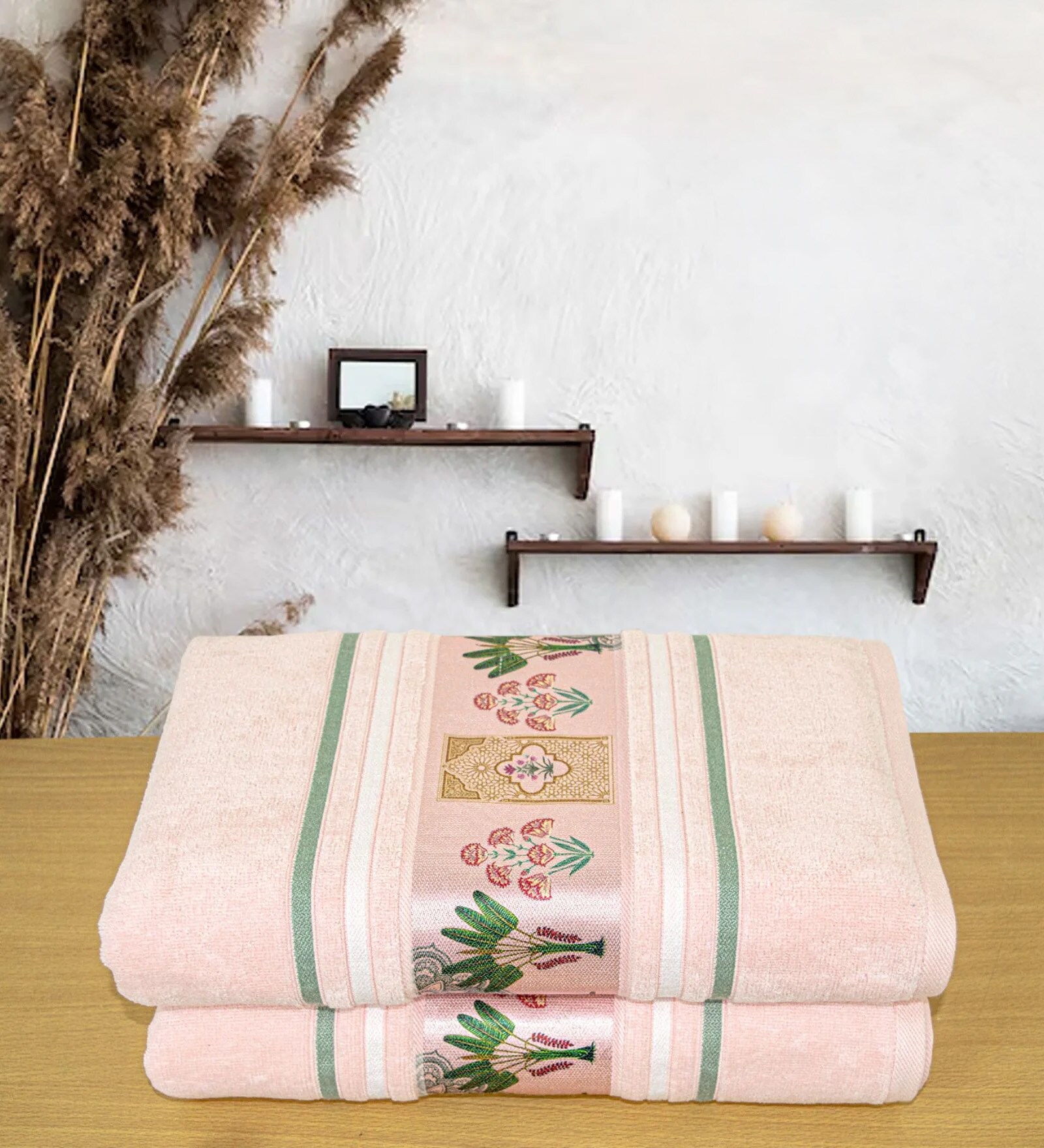 Peach Cotton Printed 460 GSM Bath Towels Pack of 2 Peach Cotton Printed 460 GSM Bath Towels Pack of 2