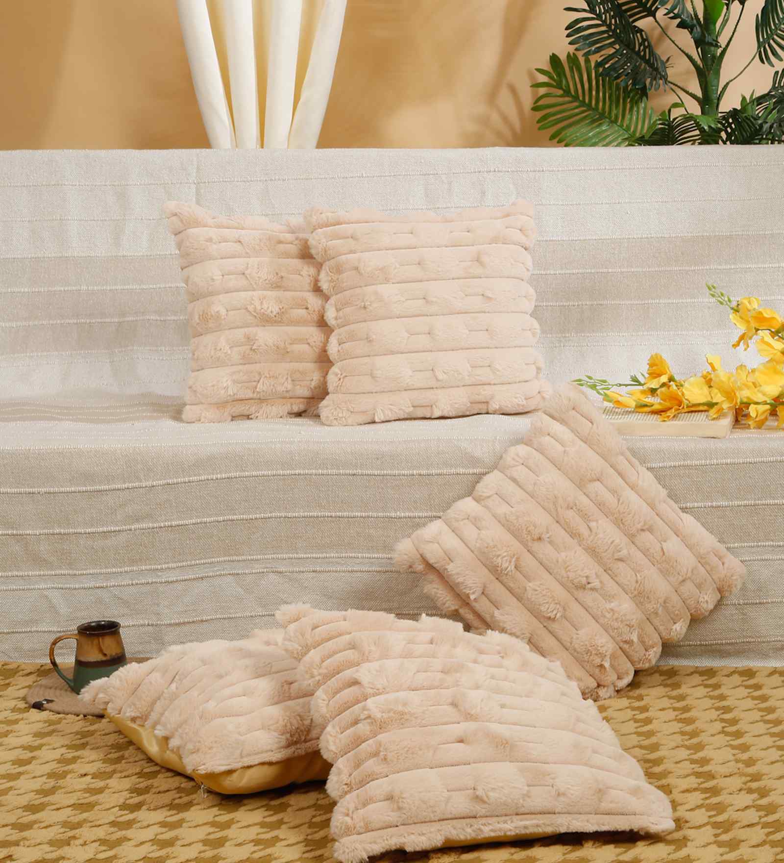 Peach Cotton Textured 16X16 Inches Cushion Covers (Pack of 5)