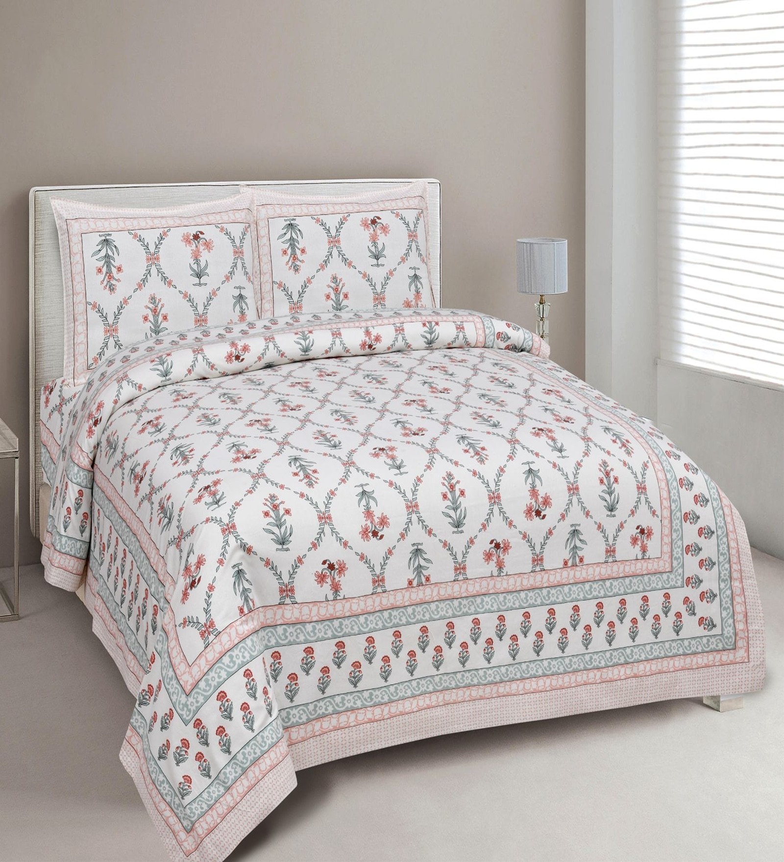 Peach Floral 144 TC Cotton King Bedsheet and 2 Pillow Cover