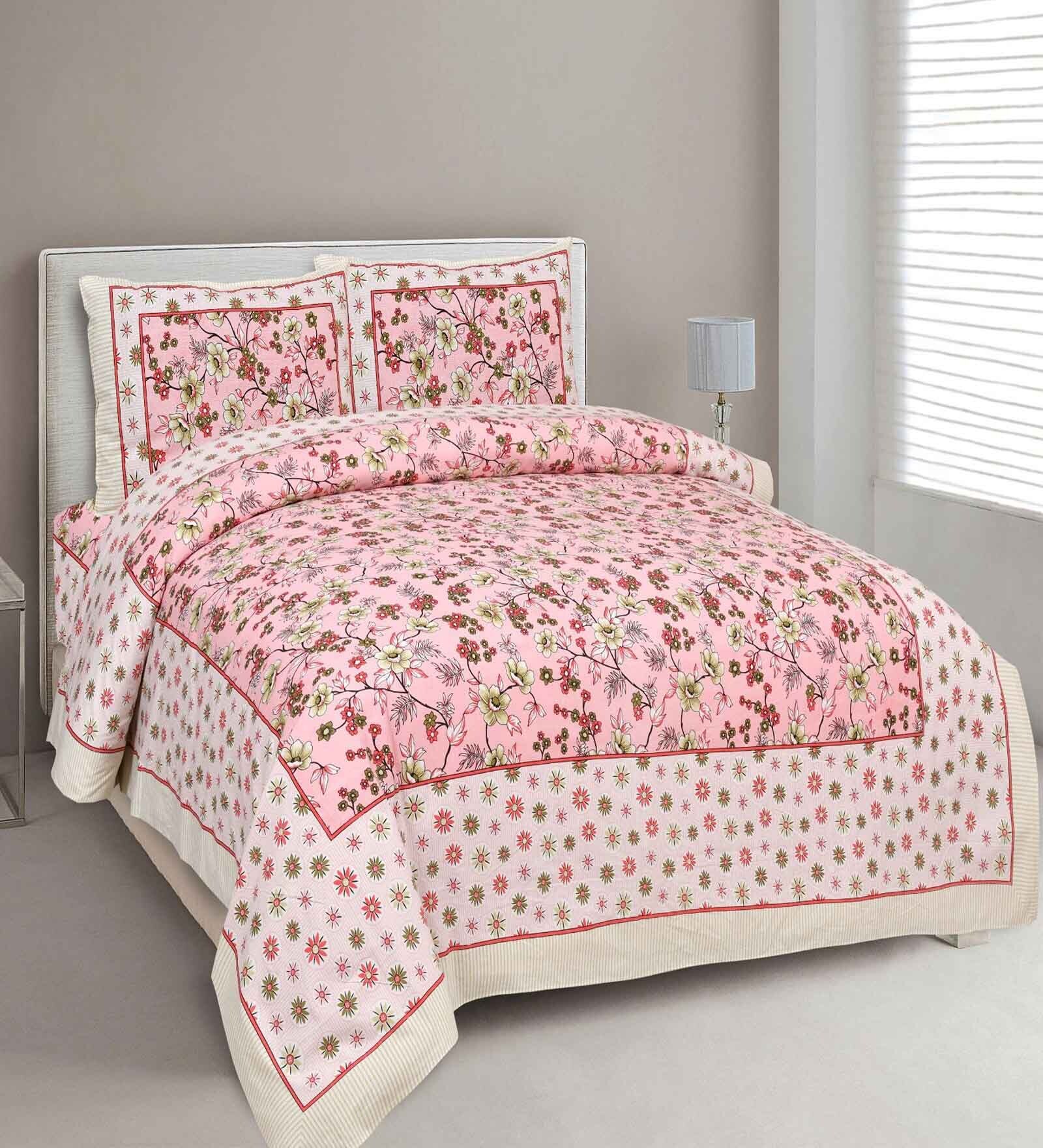 Peach Cotton Floral  King Bedsheet with 2 Pillow Covers