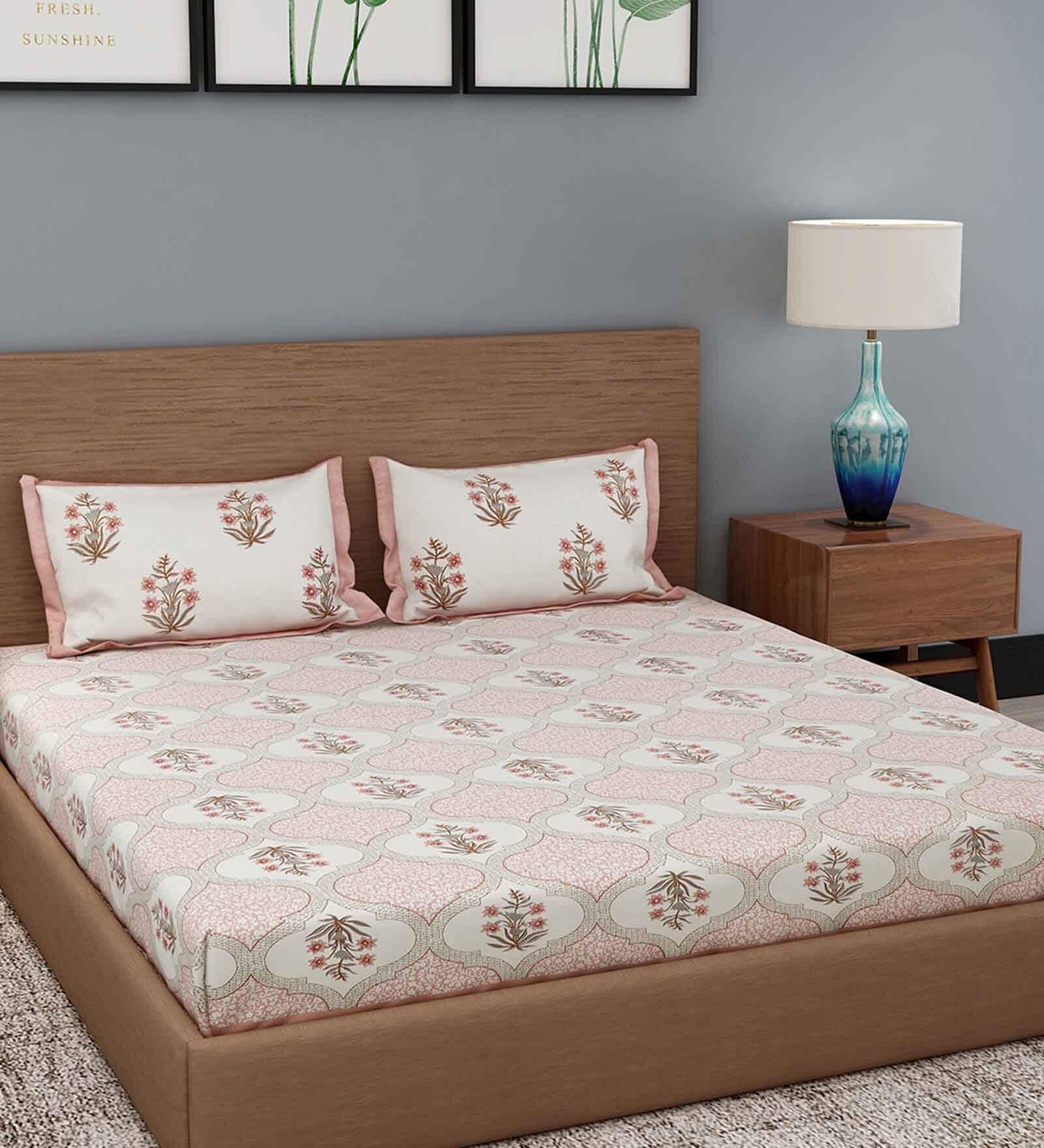 Peach Floral 180 TC 100% Cotton King Bed Sheet with 2 Pillow Cover