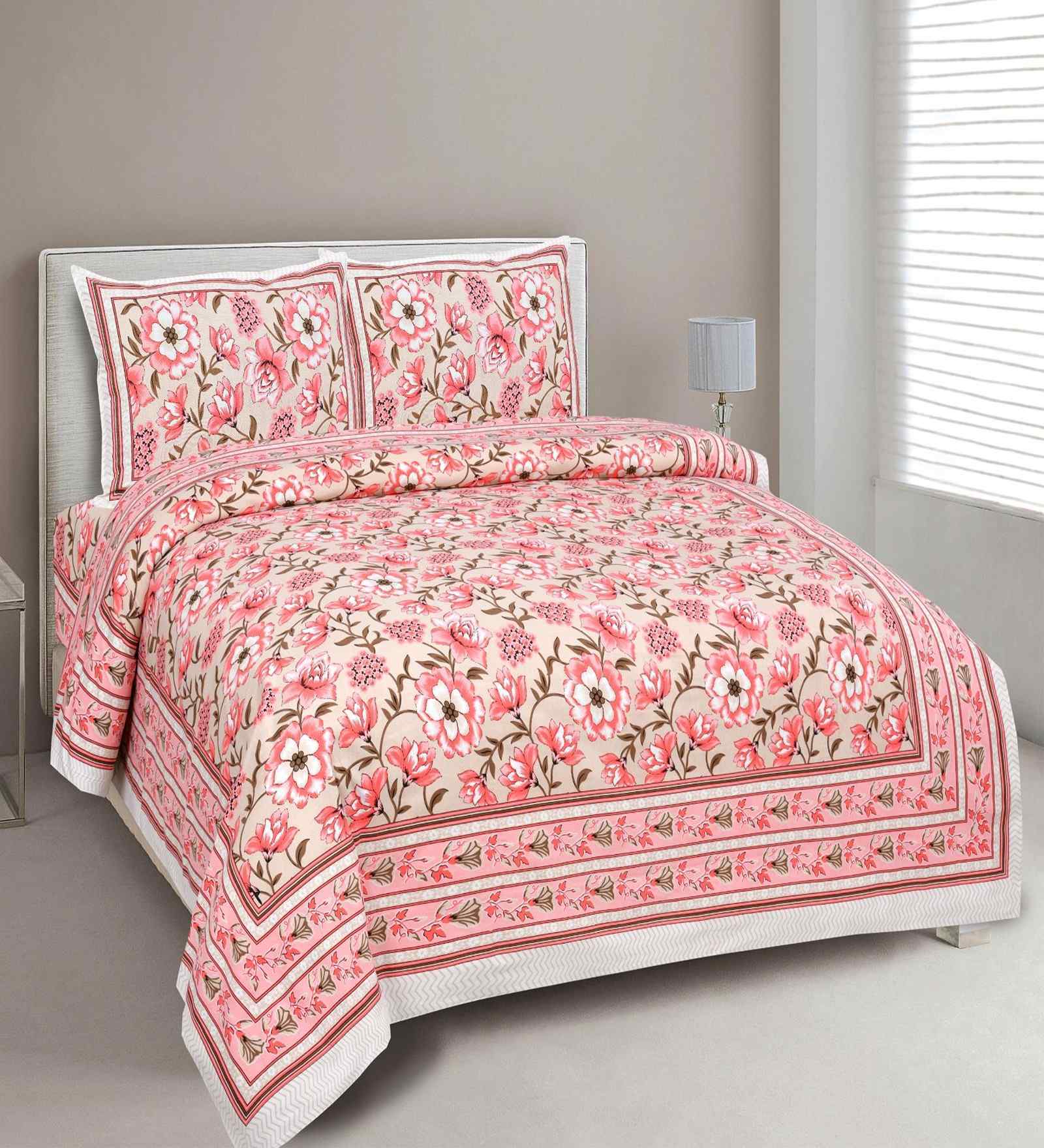 Peach Floral 180 TC Cotton  King Sized Bedsheet with 2 Pillow Covers
