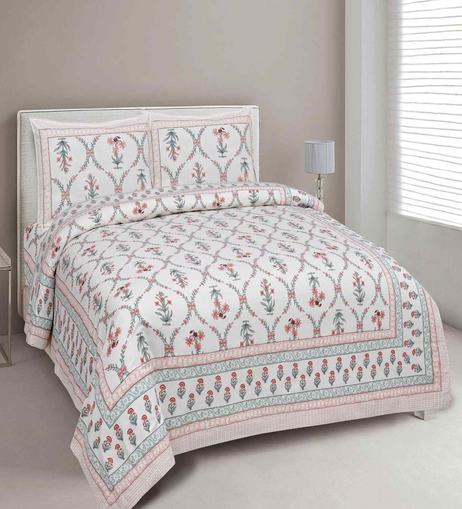 Peach Floral 180 TC Cotton  King Sized Bedsheet with 2 Pillow Covers