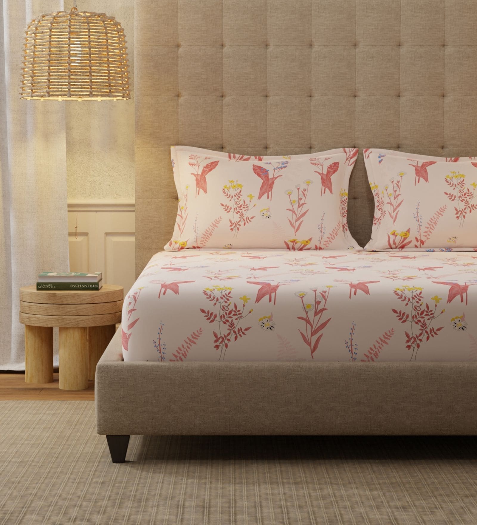 Peach Floral 200 TC Cotton Double Bedsheet with 2 Pillow Covers