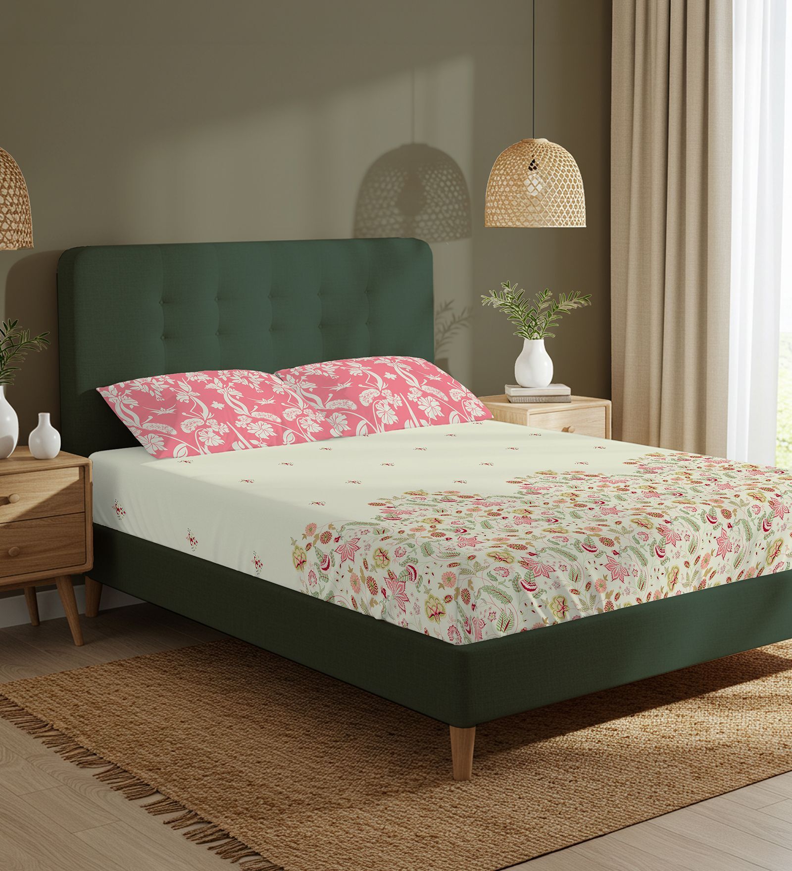 Peach Floral 200 TC Cotton Double Bedsheet with 2 Pillow Covers
