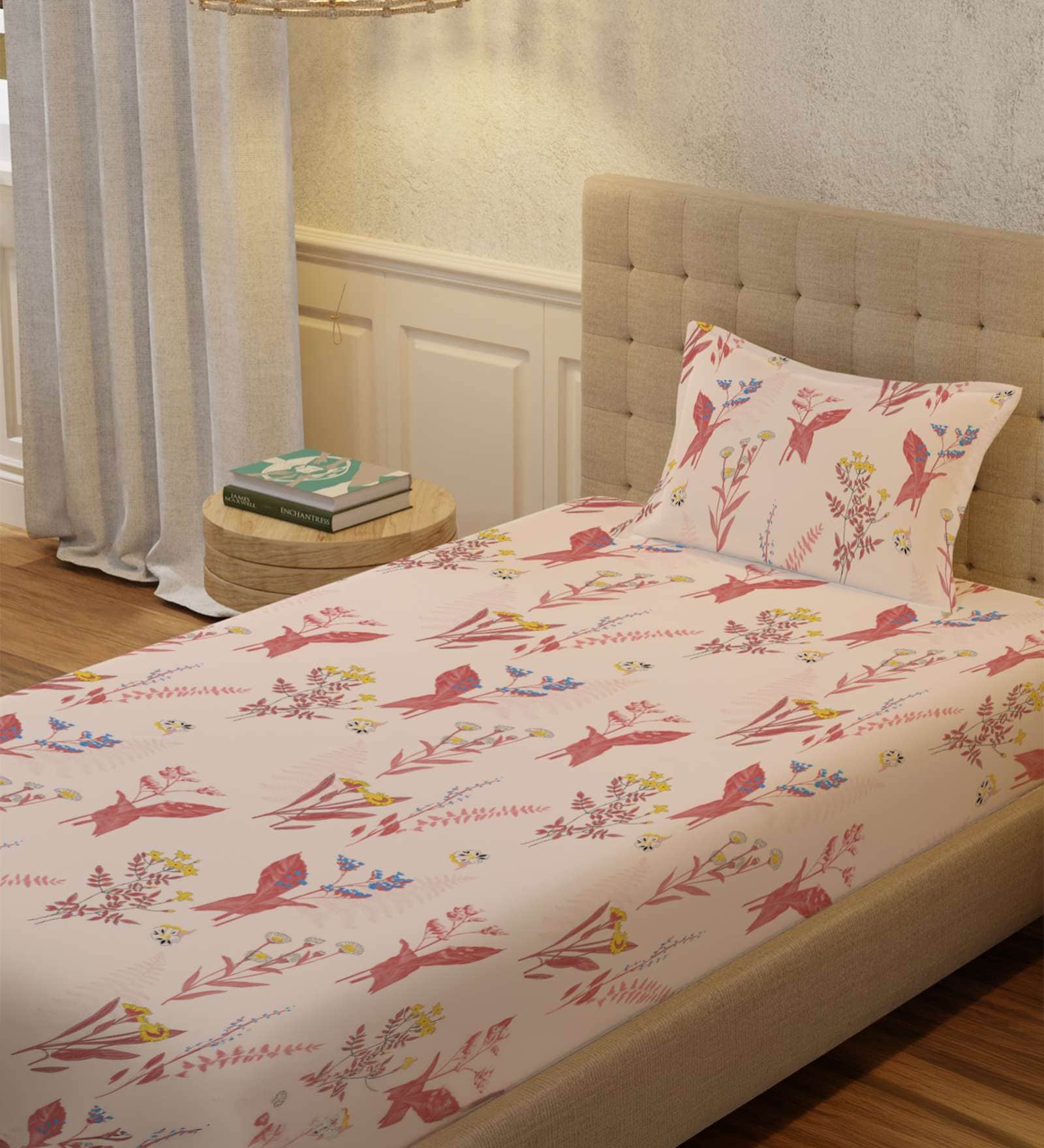 Peach Floral 200 TC Cotton Single Bedsheet with 1 Pillow Cover