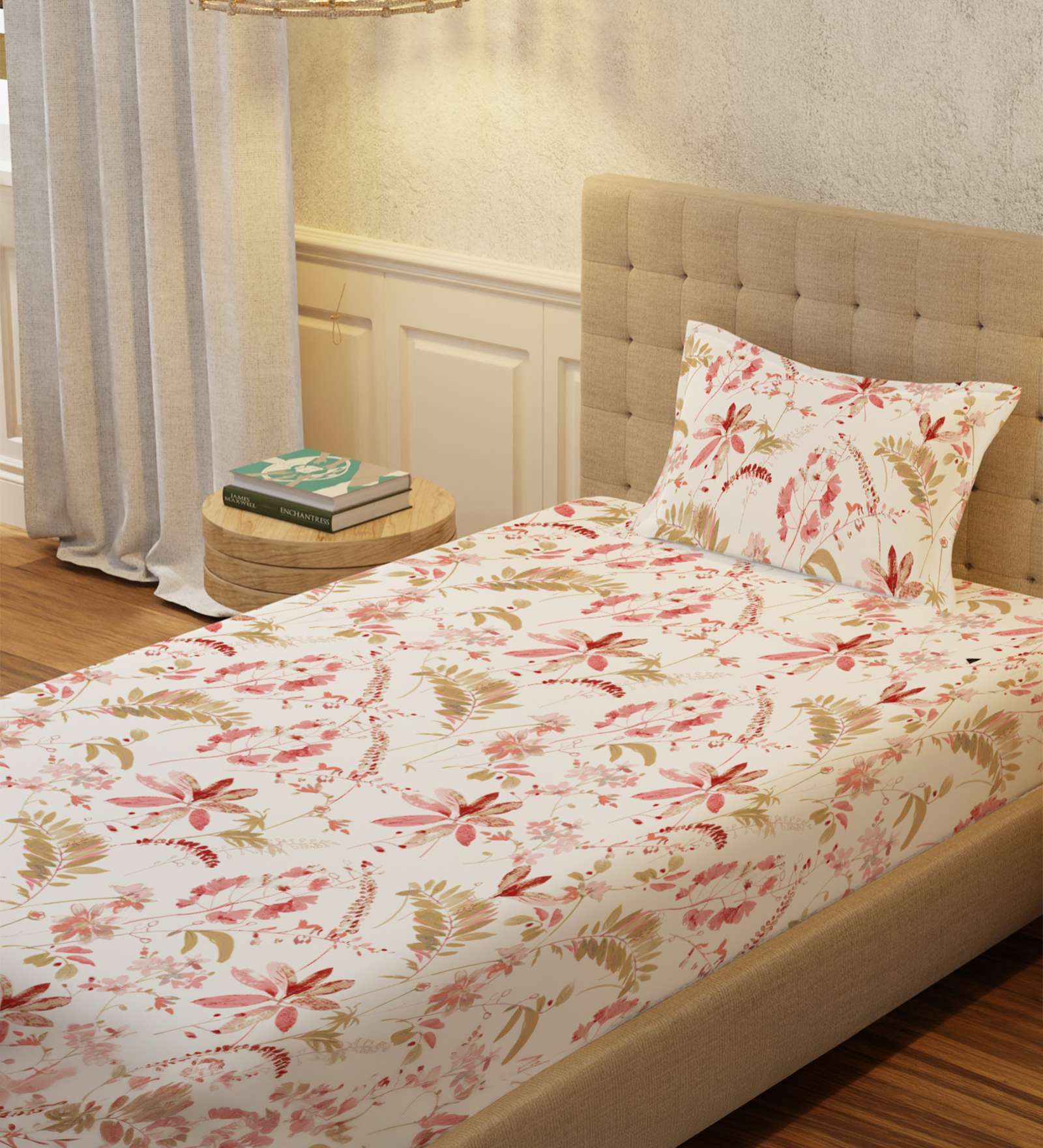 Peach Floral 200 TC Cotton Single Bedsheet with 1 Pillow Cover