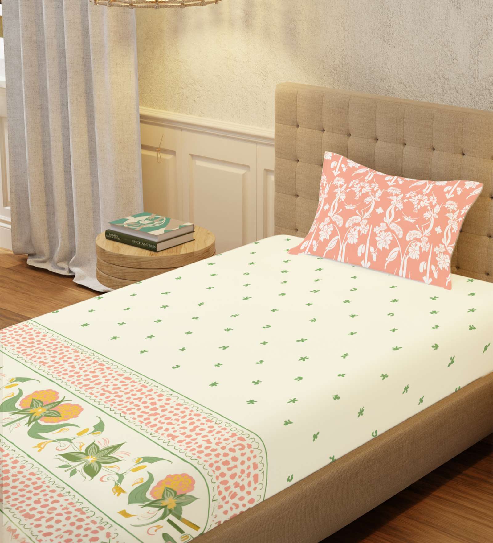Peach Floral 200 TC Cotton Single Bedsheet with 1 Pillow Cover
